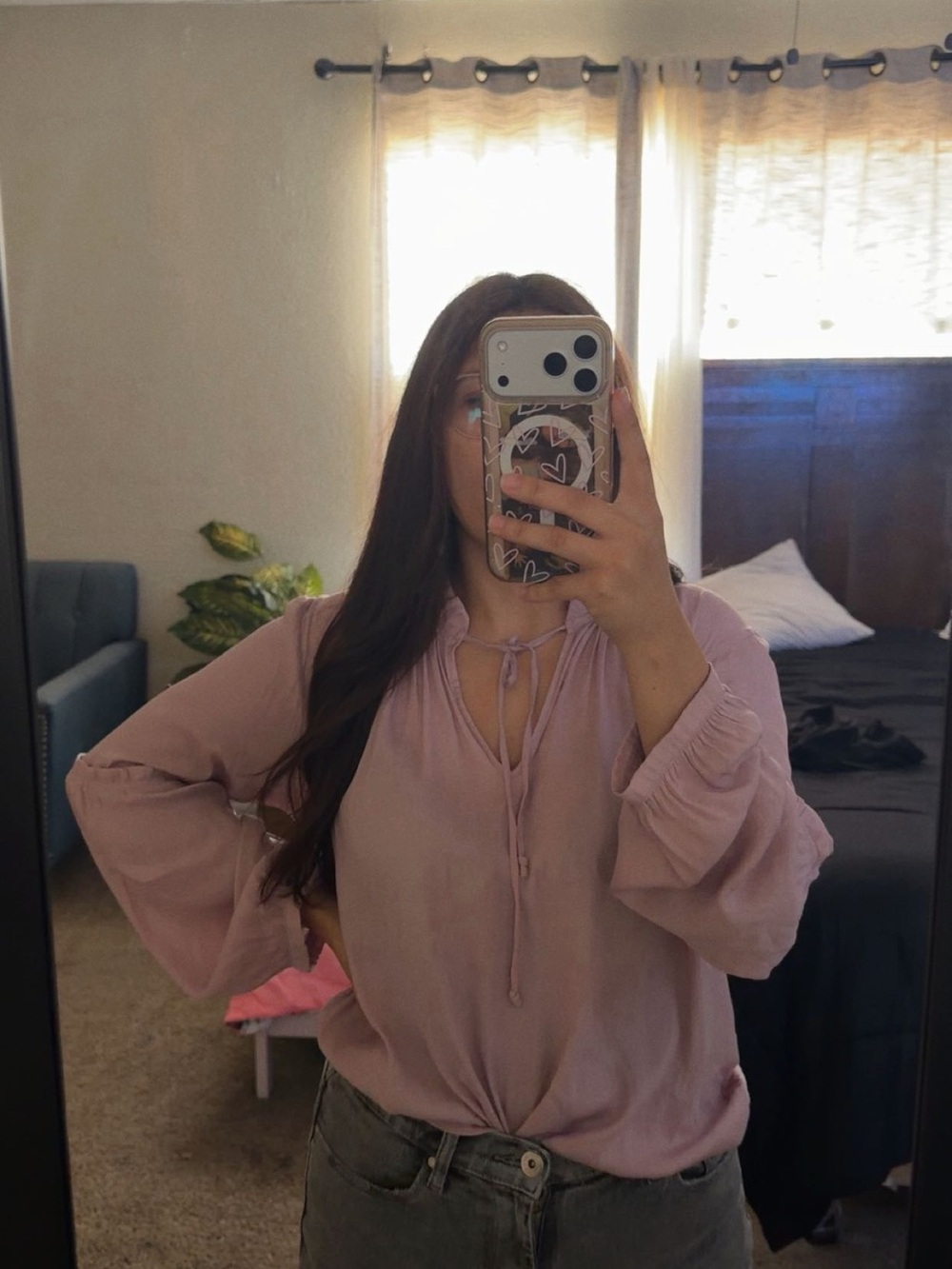 LOFT Pink Tie-Neck Peasant Blouse Long Sleeve